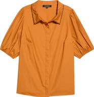 SUGARLIPS Blanket Stitch Collar Puff Sleeve Cotton Shirt