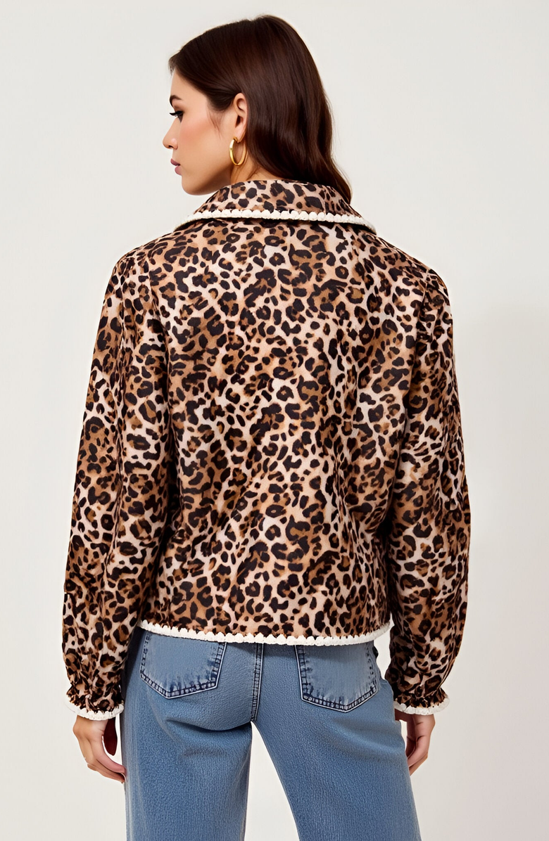 Modenaire Leopard Print Button-Front Contrast Trim and Collar Jacket, Alternate, color, Leopard Print