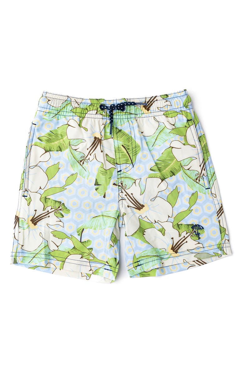 Shade Critters Kids' Hibiscus UPF 50+ Swim Trunks, Main, color, Mint