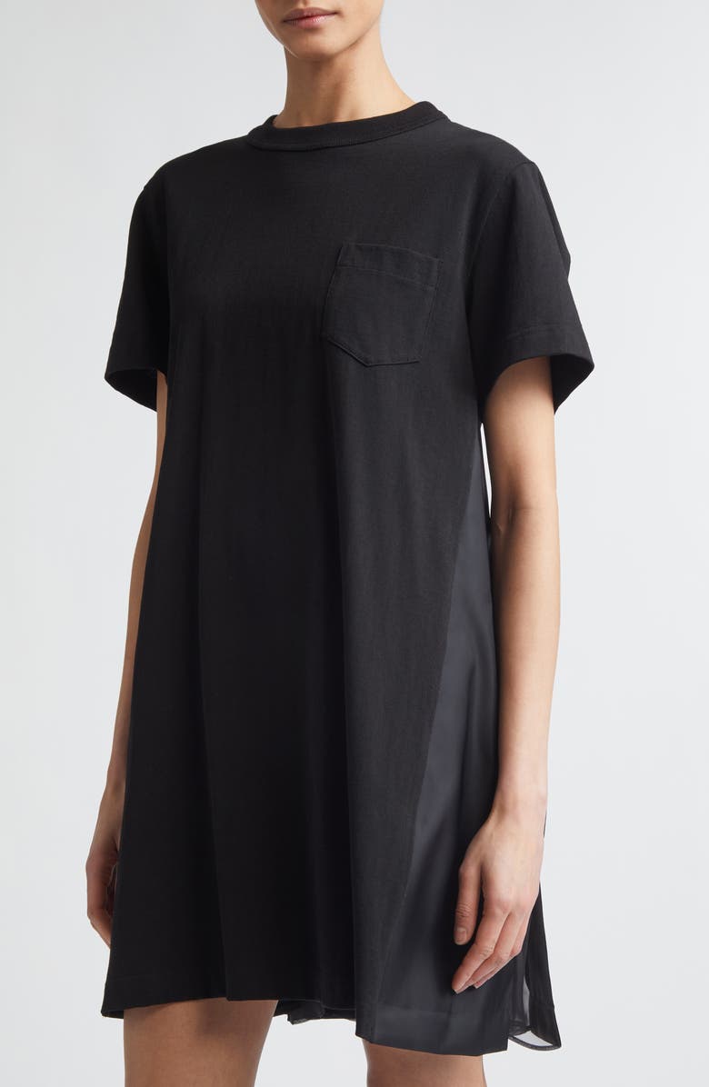 Sacai Cotton Jersey & Nylon Twill Dress, Alternate, color, Black