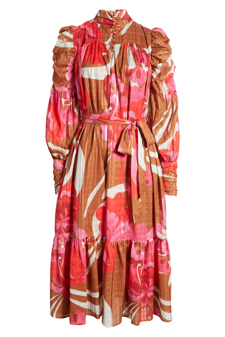 Adele Floral Print Long Sleeve Midi Dress, Alternate, color, MAROON MULTI