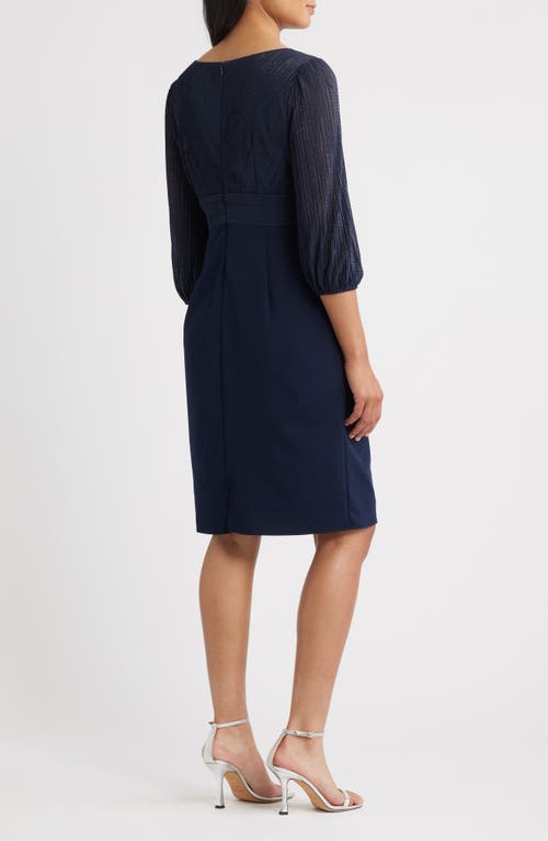 Alex Evenings Pleated Metallic Mixed Media Cocktail Sheath Dress In Blue