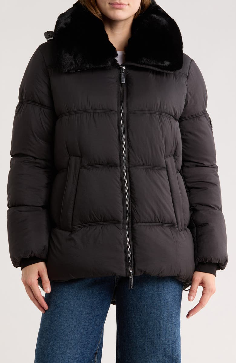 Michael Kors Faux Fur Trim Hooded Puffer Jacket, Main, color, Black
