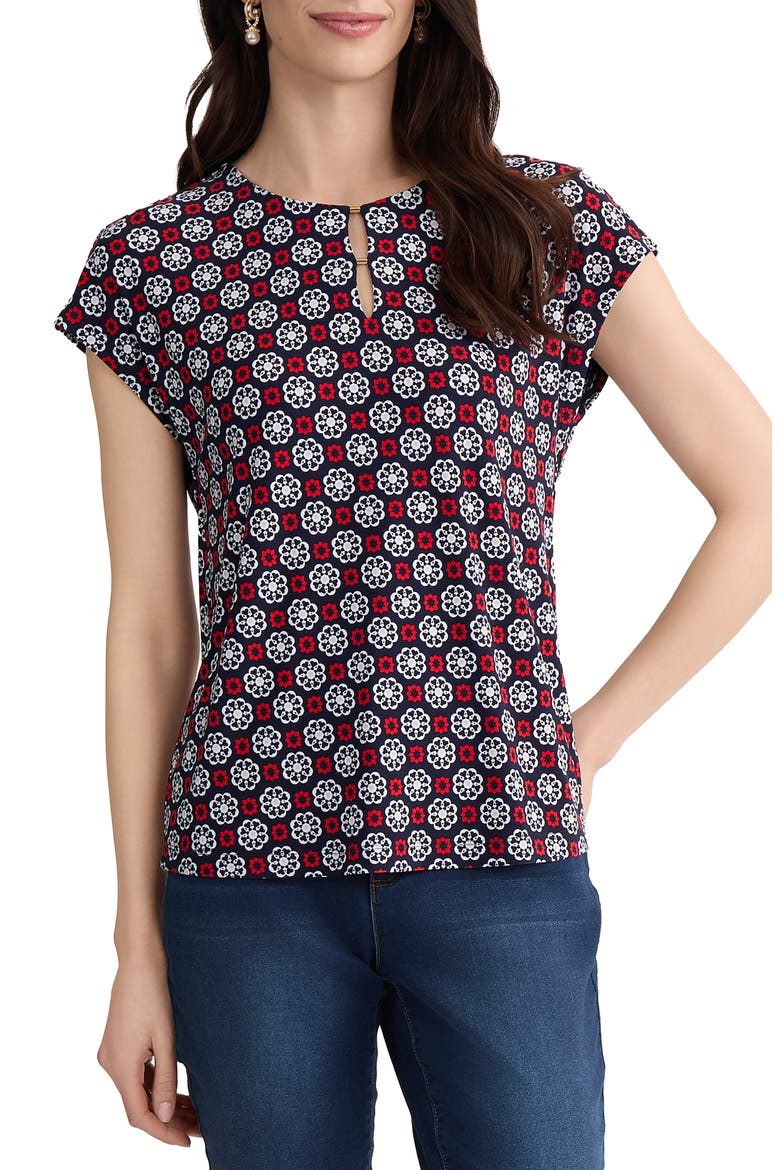 Printed Keyhole Crepe Knit Top, Main, color, PACIFIC NAVY MULTI