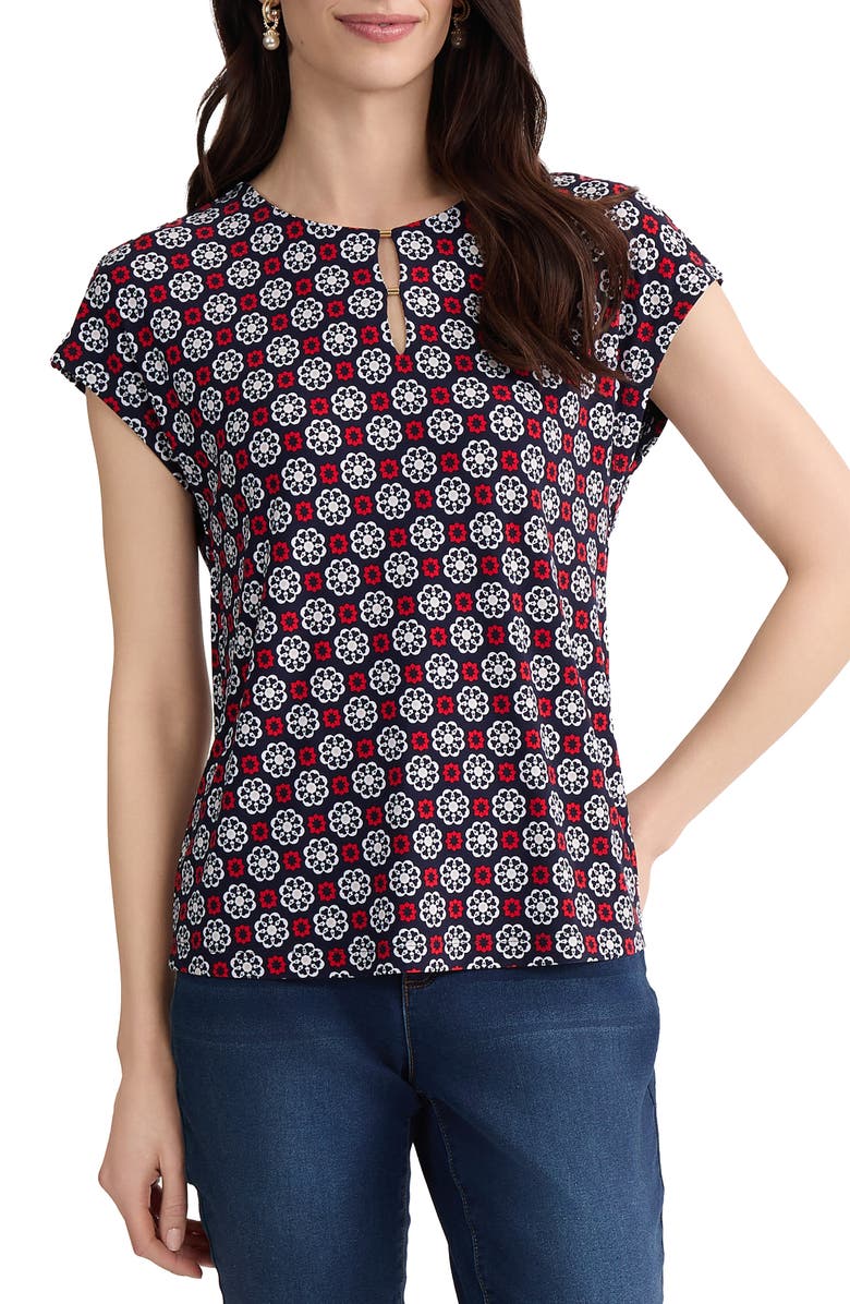 Jones New York Printed Keyhole Crepe Knit Top, Main, color, Pacific Navy Multi
