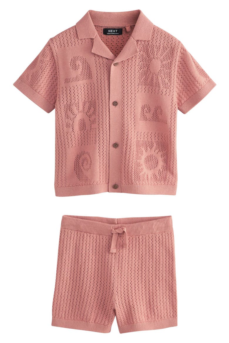 Kids' Leaf Open Knit Camp Shirt & Shorts Set, Main, color, PINK