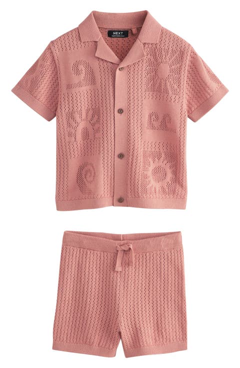 Kids' Leaf Open Knit Camp Shirt & Shorts Set