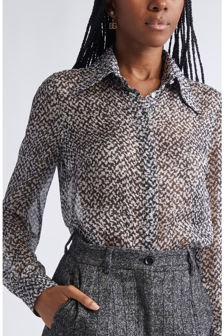 Bouclé Print Silk Chiffon Button-Up Shirt, Alternate, color, HH5QR BOUCLE BCO/ NERO