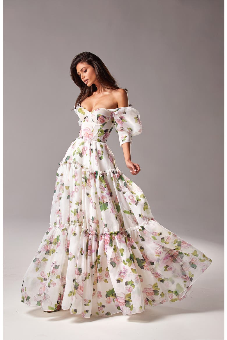 Hydrangea Feminine Voluminous Sheer Sleeves Dress, Alternate, color, Apple Blossom