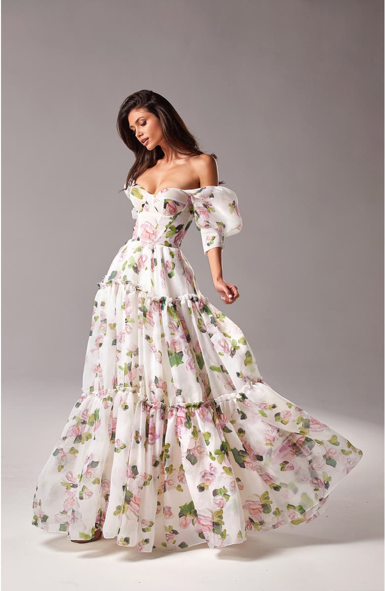 Milla Hydrangea Feminine Voluminous Sheer Sleeves Dress, Alternate, color, 