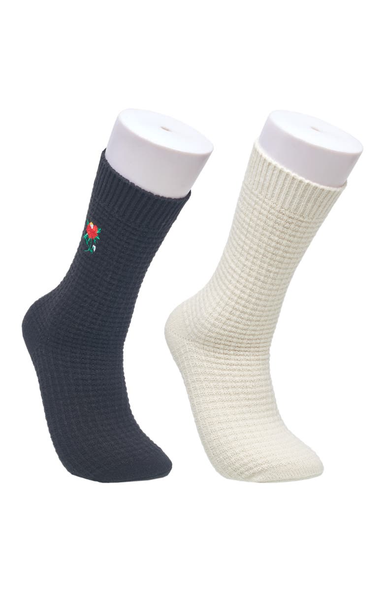 Ed Hardy Womens Rose Embroidery Waffle Knit Slouchy Sock 2-Pack, Main, color, Black/Cream