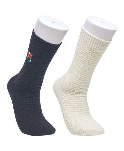 Rose Embroidery Waffle Knit Slouchy Sock 2-Pack