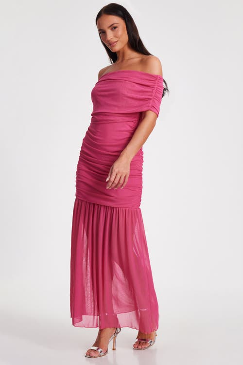 Quiz Bardot Mesh Maxi Dress In Hot Pink