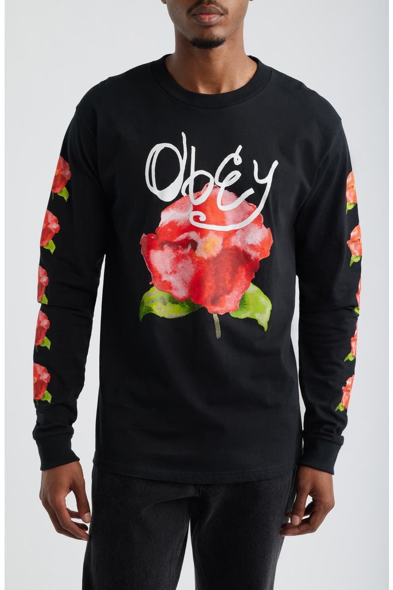 Watercolor Poppy Long Sleeve Cotton Graphic T-Shirt, Main, color, BLACK