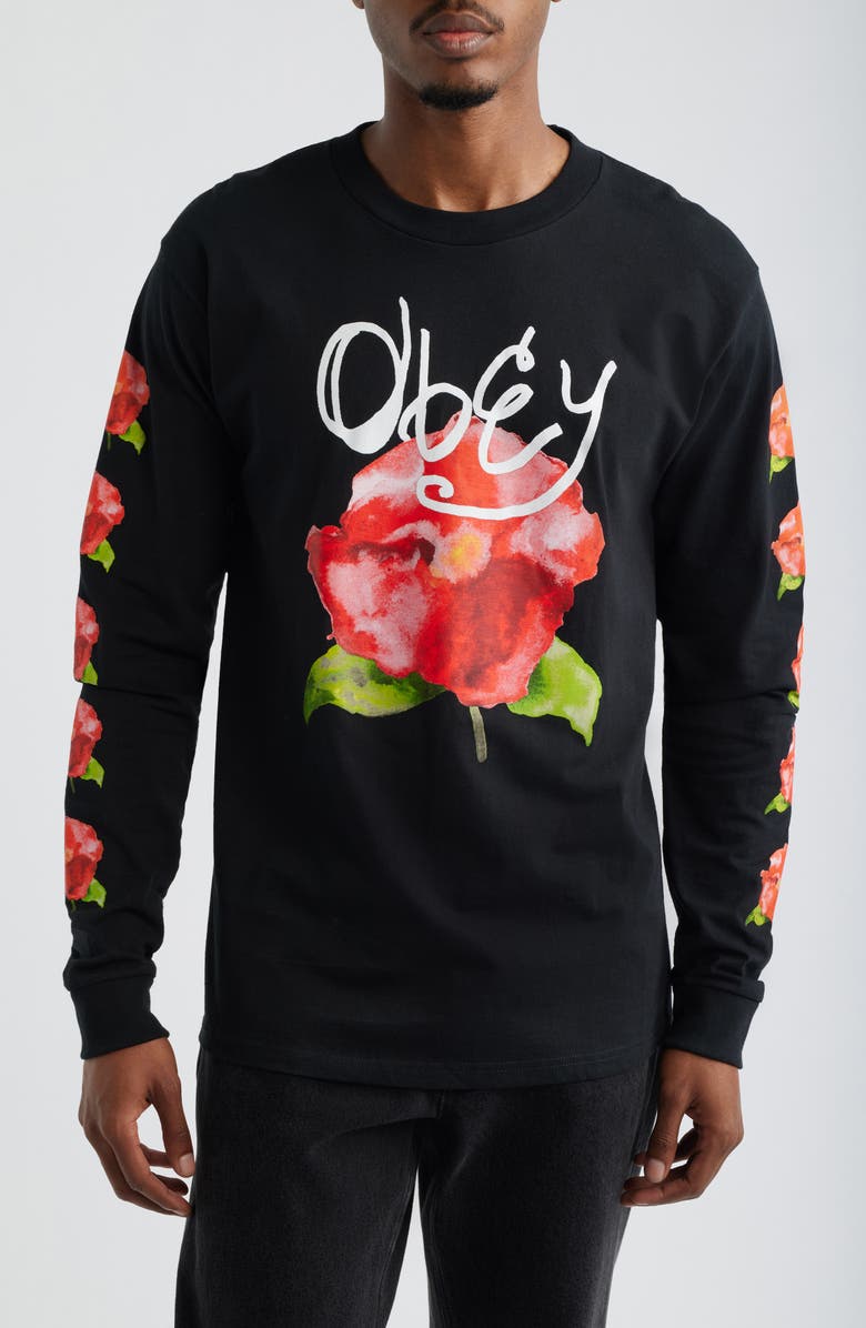 Obey Watercolor Poppy Long Sleeve Cotton Graphic T-Shirt, Main, color, Black