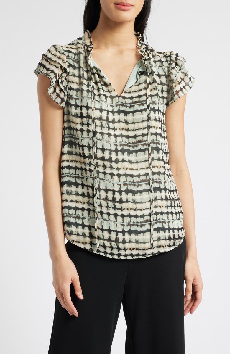 Anne Klein Ruffle Sleeve Tie Neck Top, Main, color, 