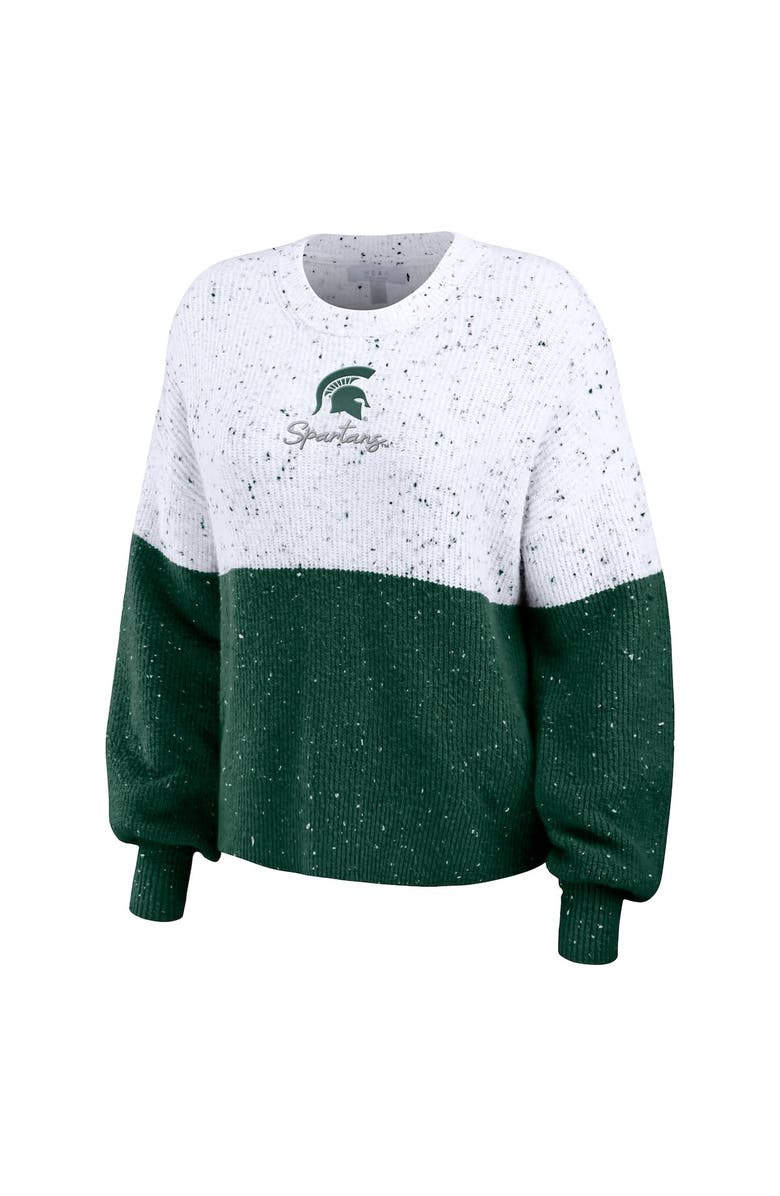 WEAR by Erin Andrews Women's WEAR by Erin Andrews White/Green Michigan State Spartans Colorblock Script Pullover Sweater, Alternate, color, 