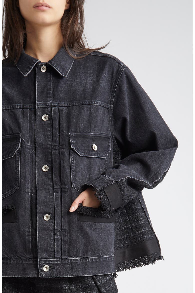 Mixed Media Denim & Tweed Trucker Jacket, Alternate, color, BLACK/ BLACK 002