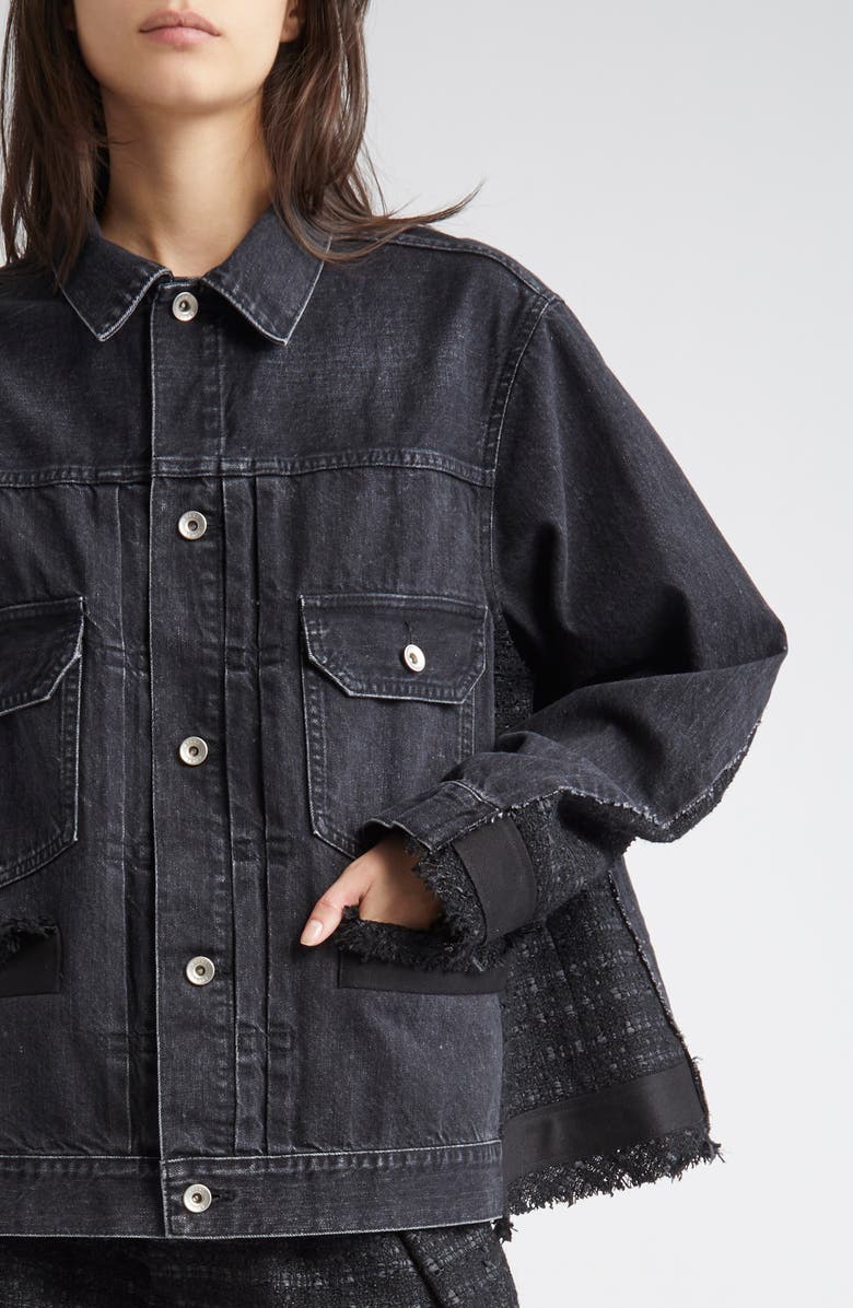 Sacai Mixed Media Denim & Tweed Trucker Jacket, Alternate, color, Black/ Black 002