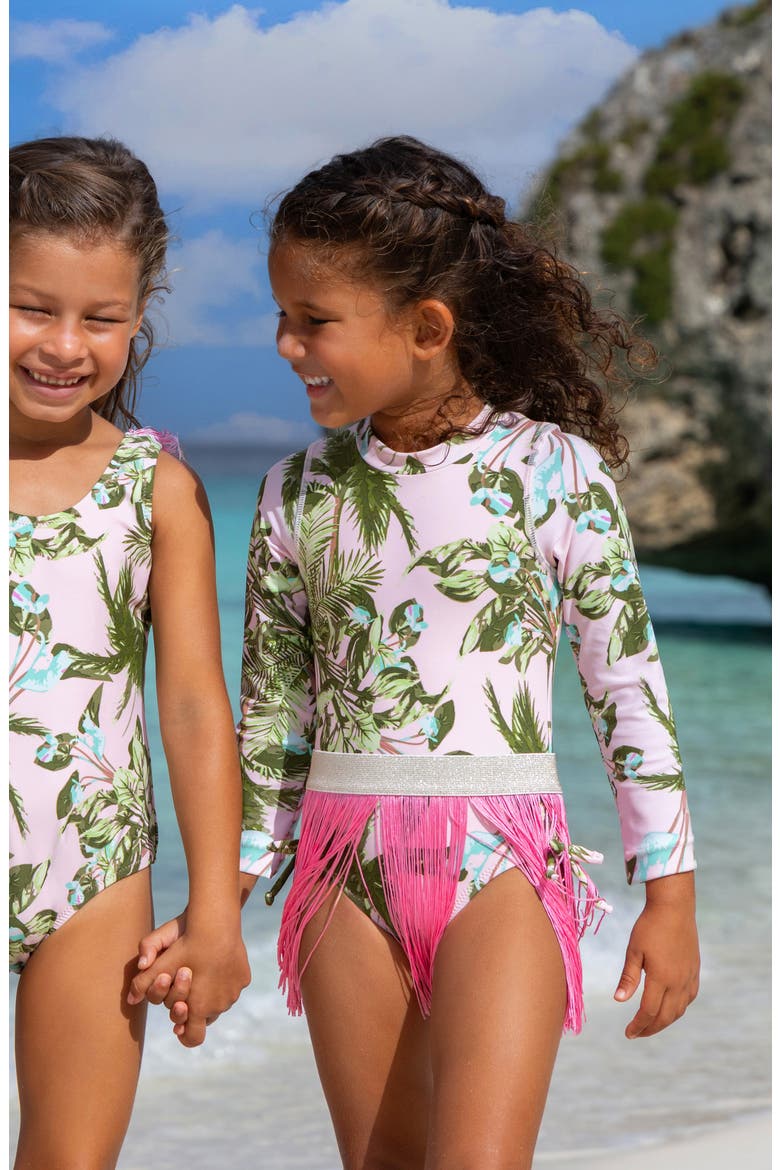 Kids' Blush Tropics One-Piece Rashguard Swimsuit & Fringe Cover-Up Skirt Set, Alternate, color, PINK