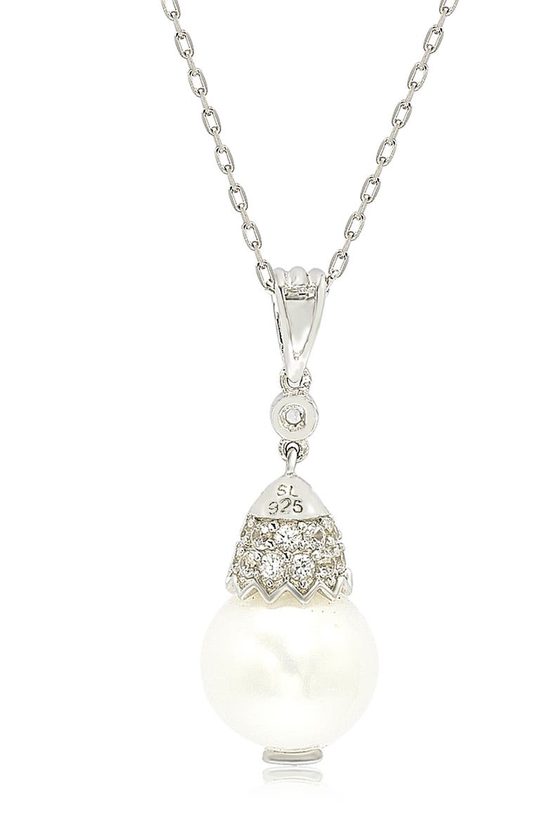 Sterling Silver 9mm Freshwater Pearl & Created Sapphire Pendant, Alternate, color, WHITE