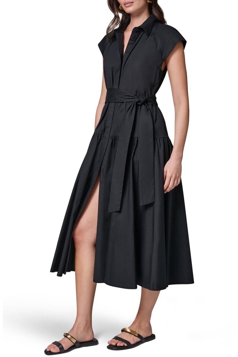 Tie Waist Stretch Poplin Midi Dress, Alternate, color, BLACK