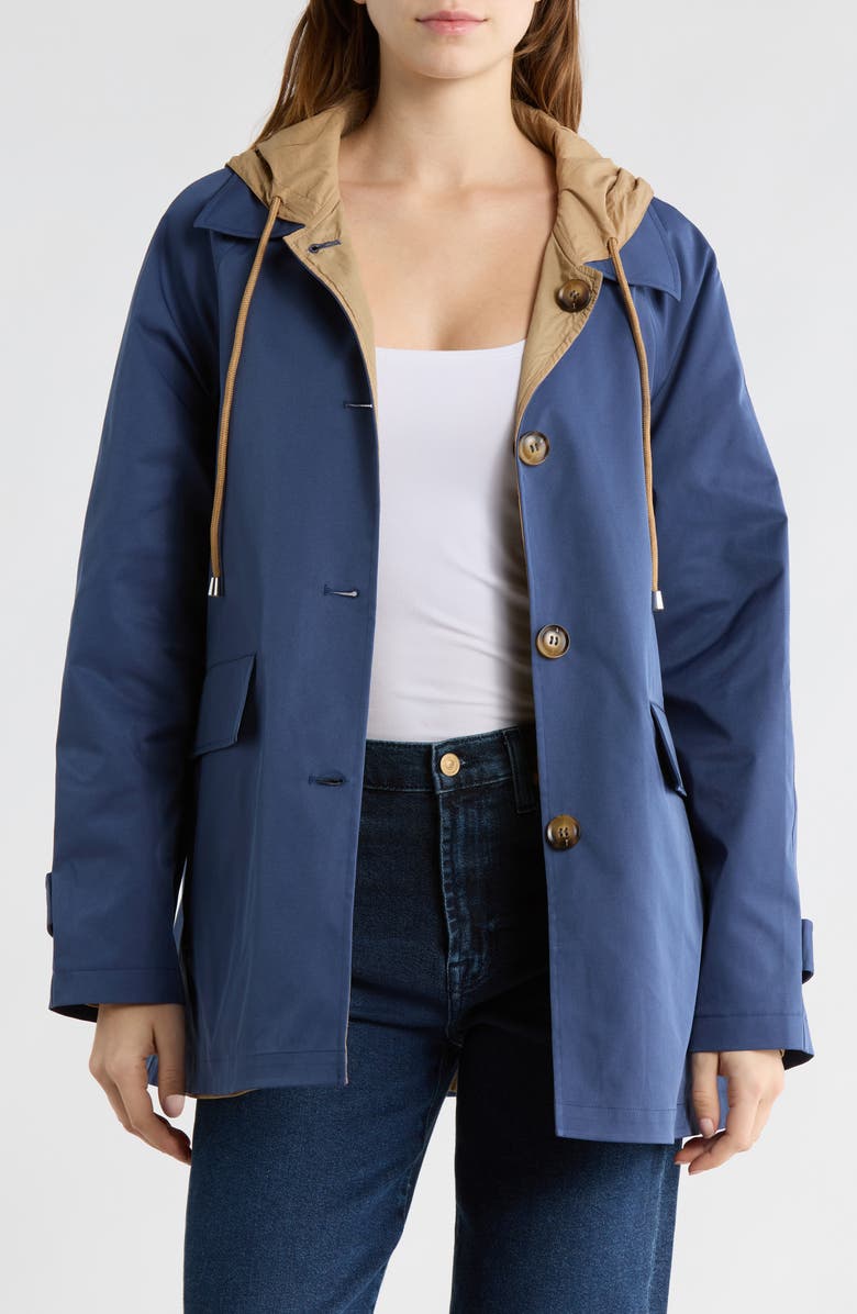 Bernardo Hooded Anorak Raincoat, Alternate, color, Khaki / Check Print