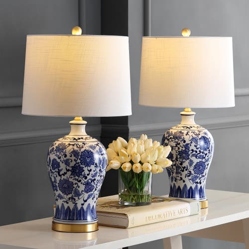 Jonathan Y Jennifer 25.75" Ceramic/metal Led Table Lamp In Blue/white