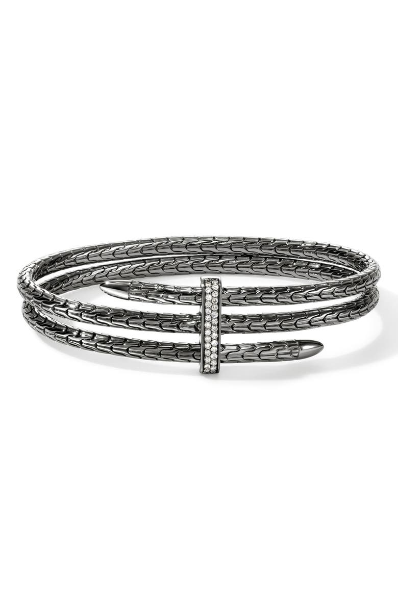 John Hardy Spear Double Flex Cuff, Diamond, 4mm, Main, color, Dark Silver