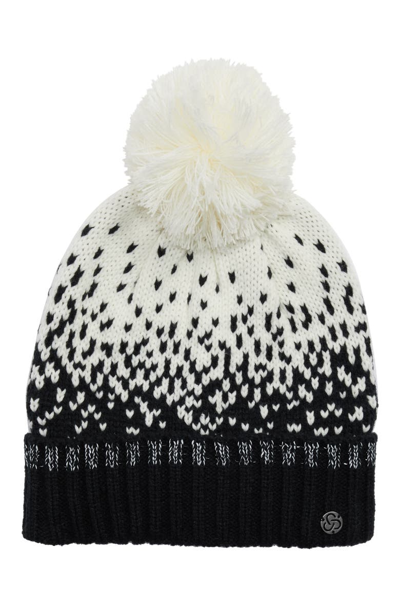 Snowcap Pompom Beanie, Main, color, BLACK/ WHITE PRINT