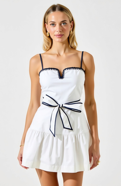 Contrast-Trim Spaghetti Strap Waist-Tie Bow Mini Dress