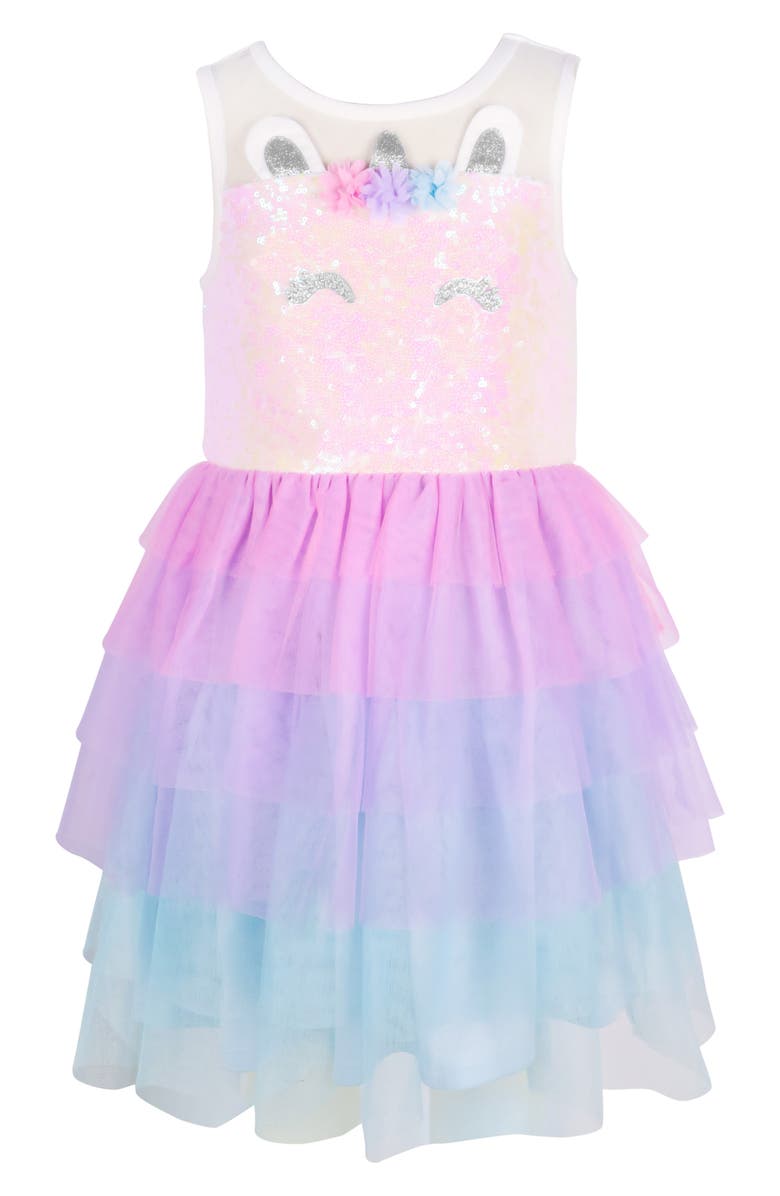 Zunie Kids' Sequin Unicorn Tiered Dress, Main, color, Ivory/ Pink Multi