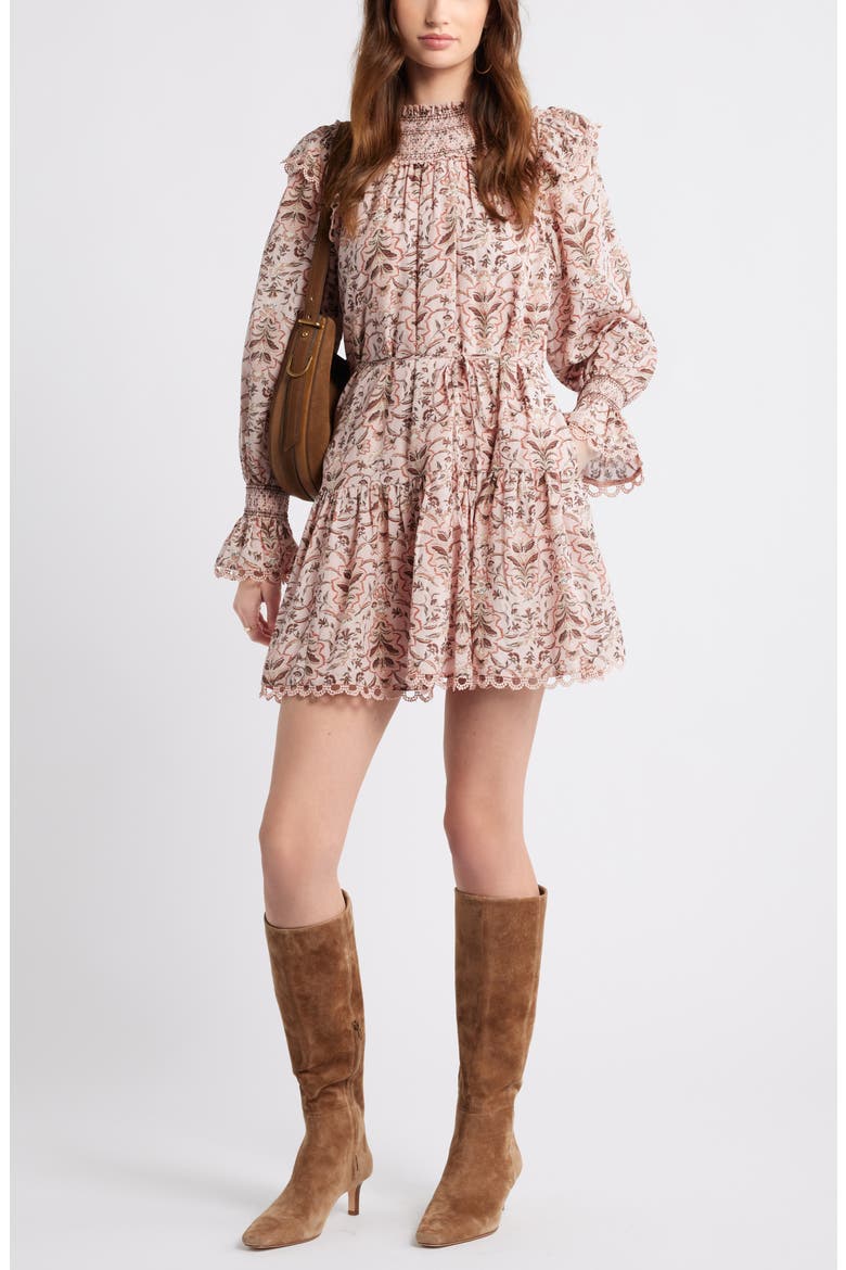 Smocked Lace Long Sleeve Minidress, Alternate, color, PINK LOTUS WILLOW FLORAL