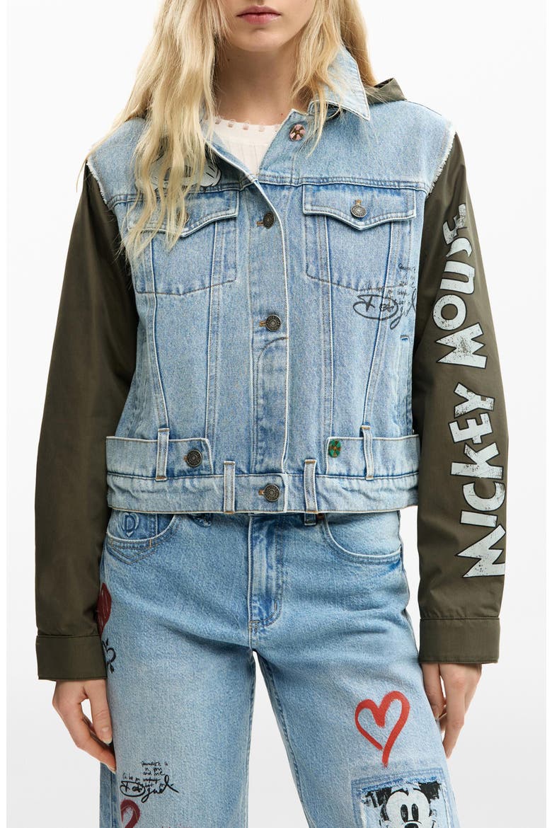 Mickey Mouse Embroidered Mixed Media Denim Hooded Jacket, Main, color, MEDIUM BLUE
