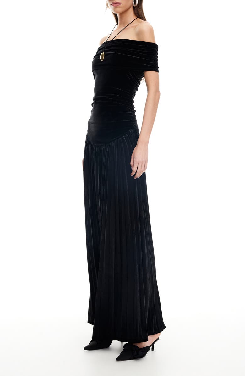 LIONESS Field of Dreams Off the Shoulder Velvet Maxi Dress, Alternate, color, Noir