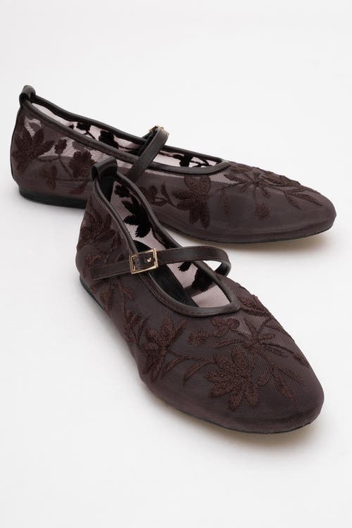 Prologue Shoes Juny Mesh Floral Embroidery Ballet Flat In Brown
