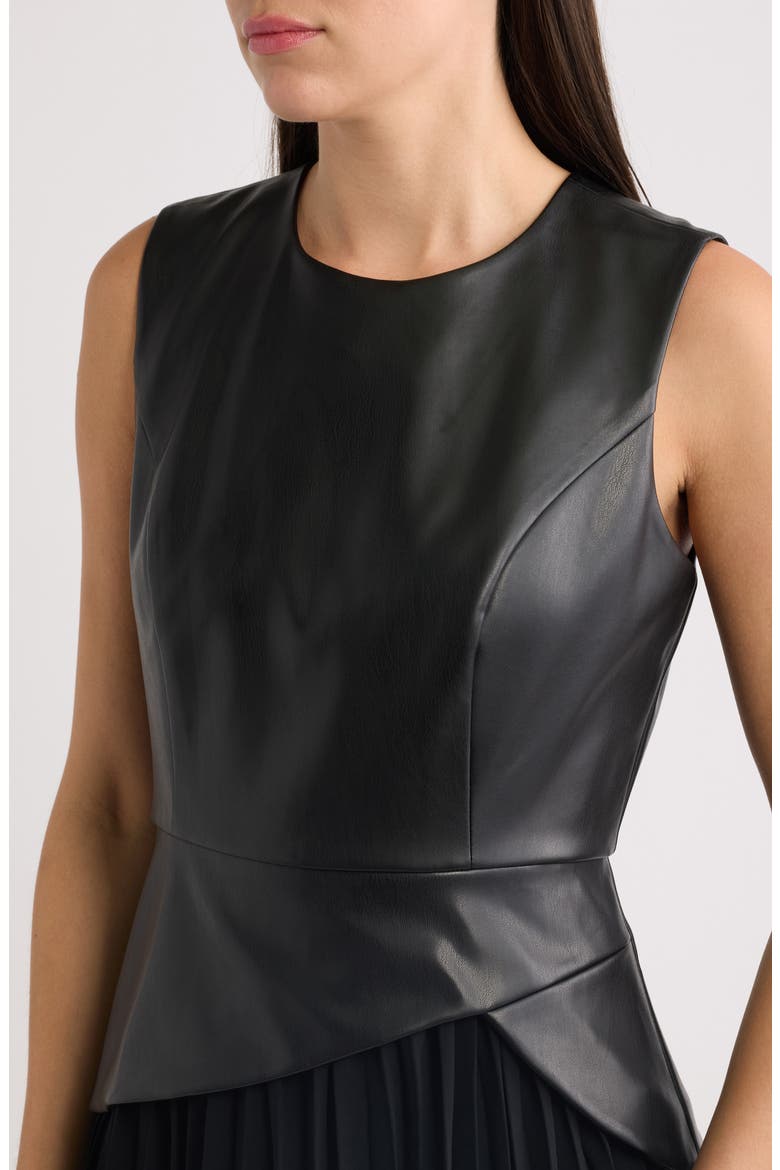 Pleated Skirt Sleeveless Faux Leather Dress, Alternate, color, BLACK