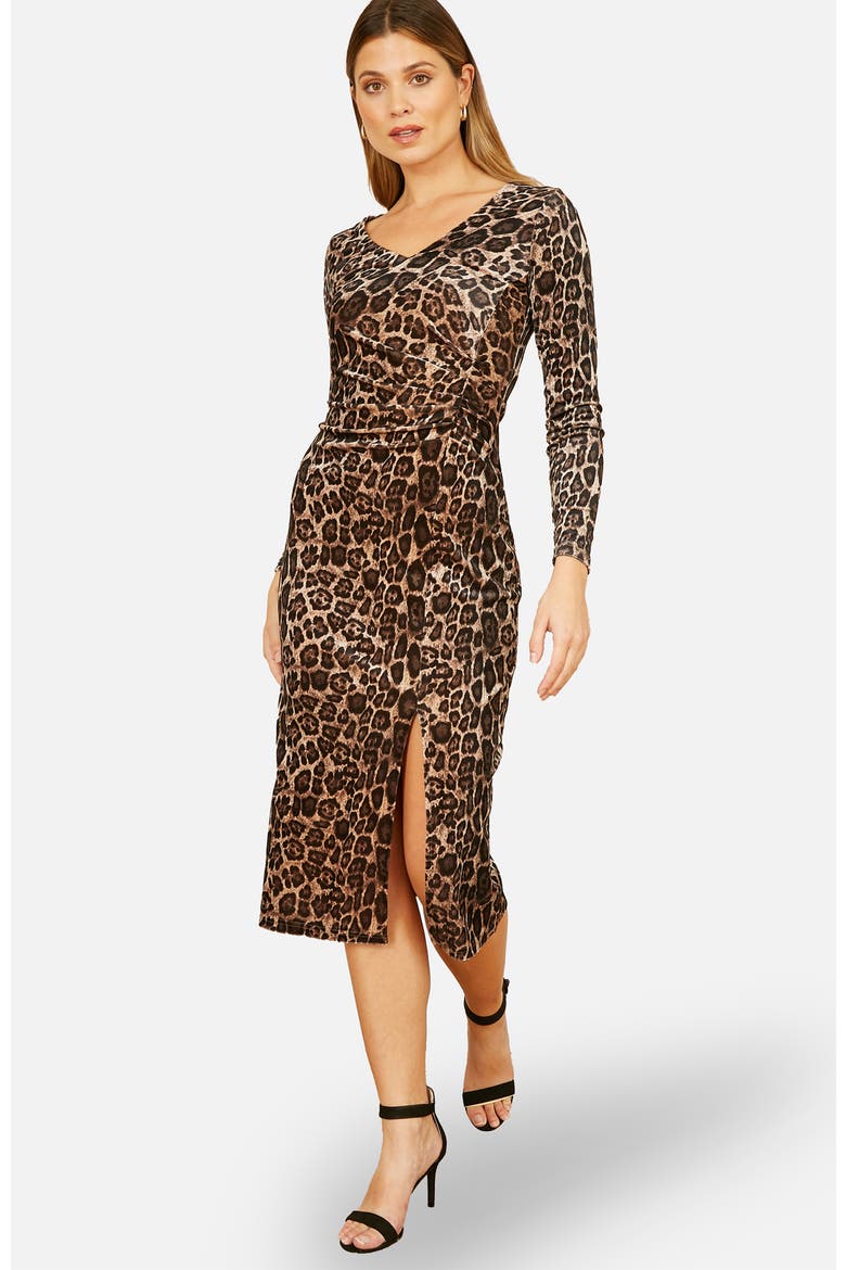 Velvet Long Sleeve Fitted Midi Dress, Alternate, color, Brown