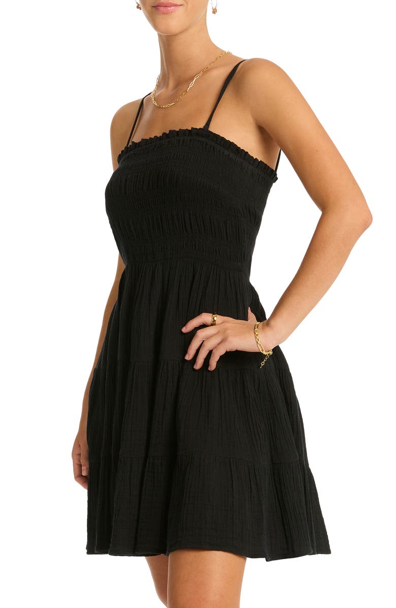 Sea Level Sunset Smocked Tiered Cover-Up Minidress, Alternate, color, Black