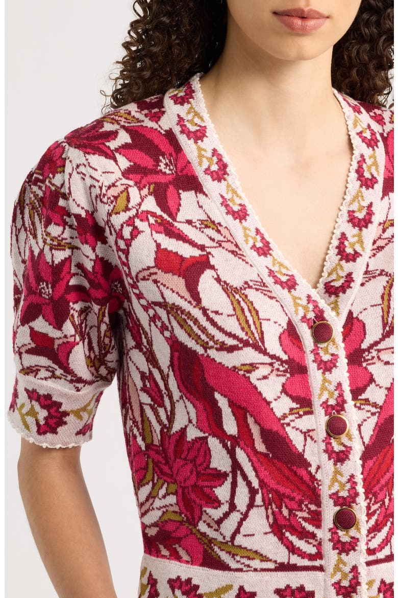 Stained Glass Print Button-Up Cardigan, Alternate, color, STAINED GLASS RED