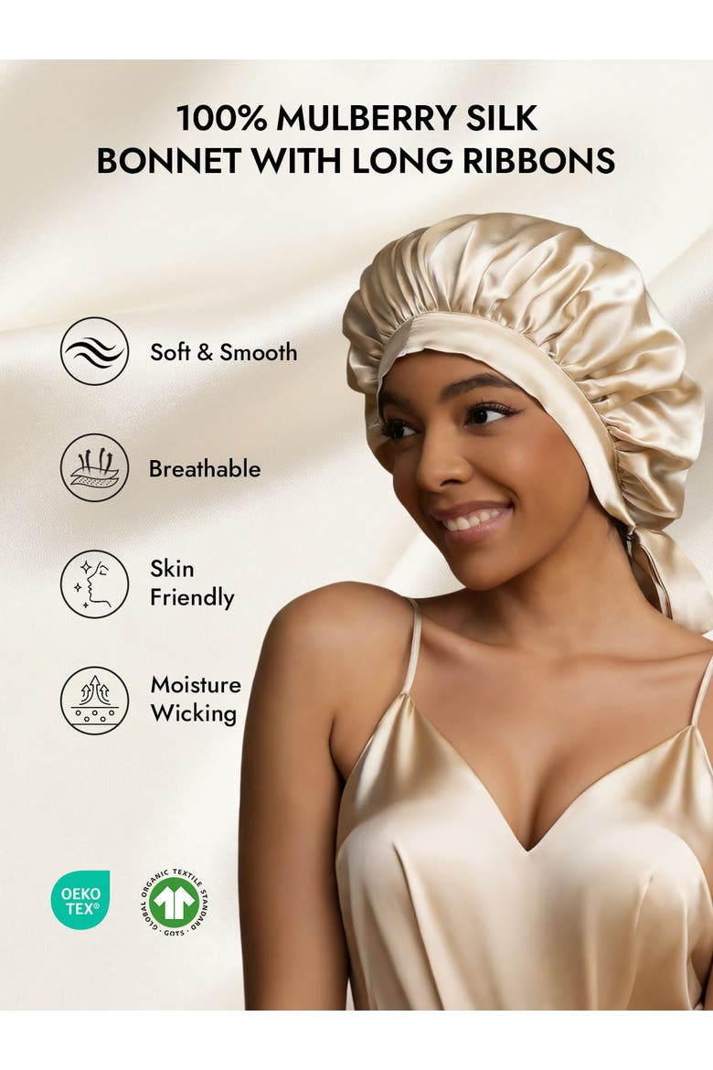 Women's Mulberry Silk Bonnet with Long Ribbons, Alternate, color, Beige