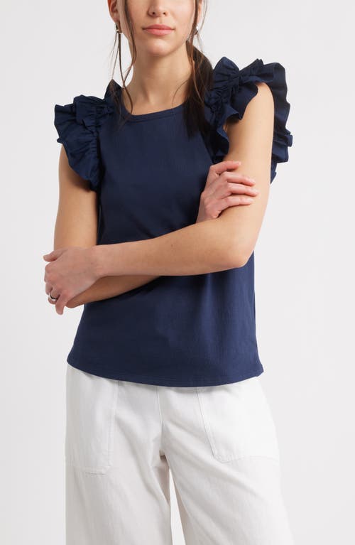 Caslonr Caslon(r) Ruffle Shoulder Cotton Tank In Navy Blazer