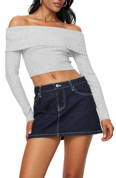 Tagula Off the Shoulder Mixed Rib Crop Sweater