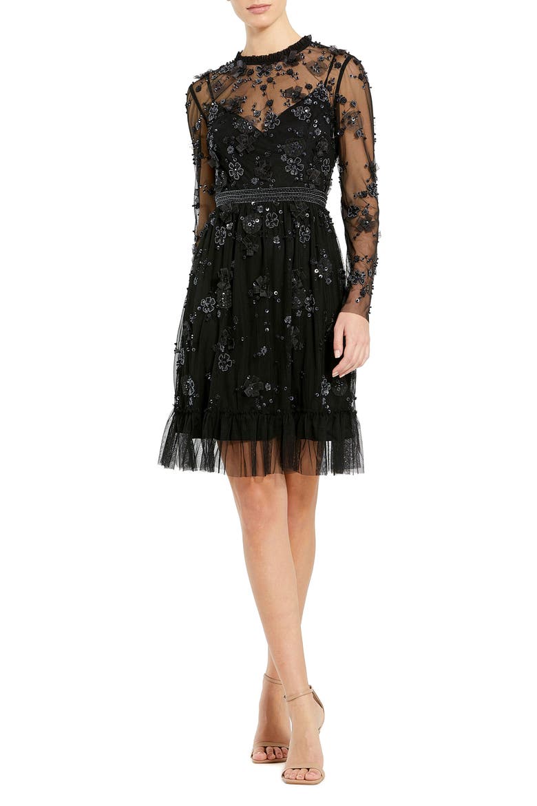 Sheer Long Sleeve Embellished Mini Dress, Main, color, Black