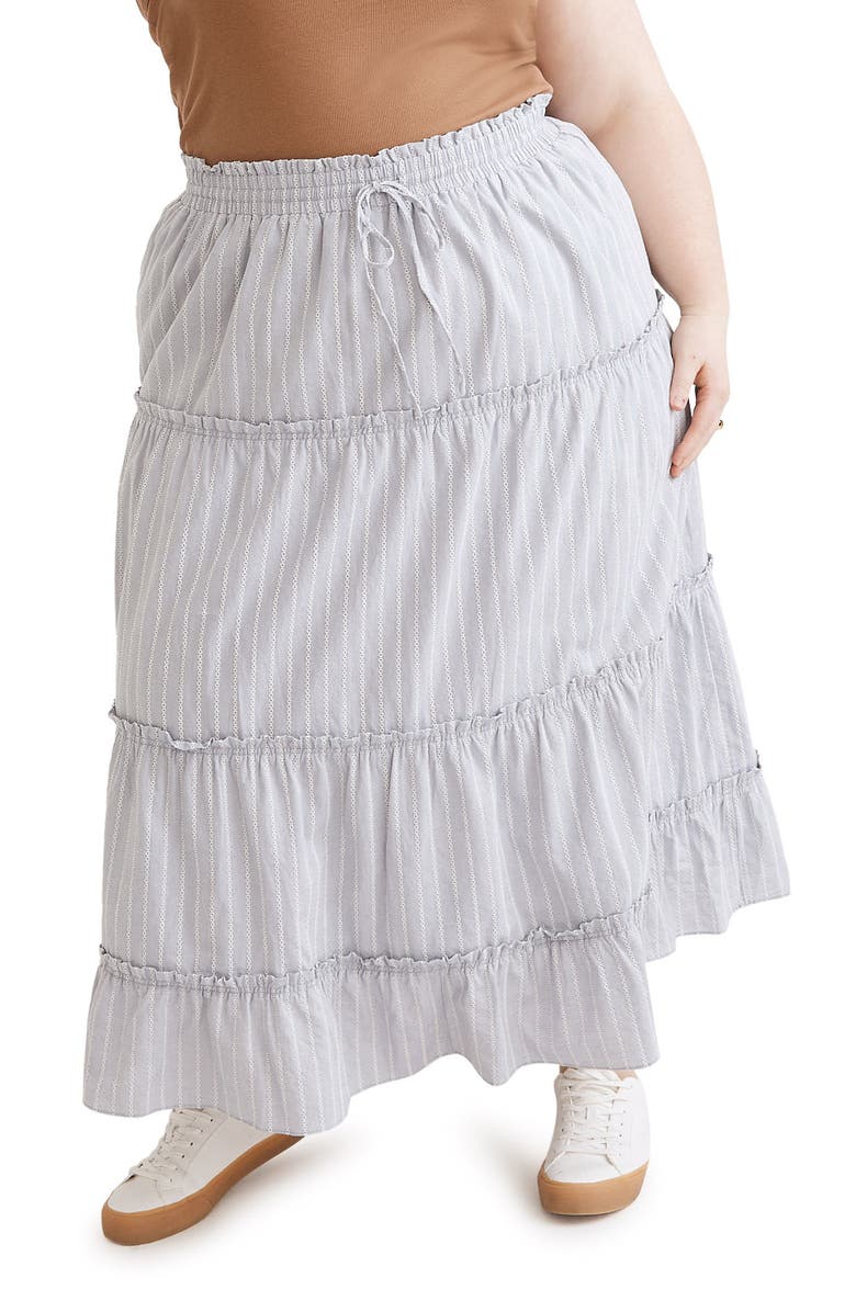 Madewell Striped Ruffle Tiered Pull-On Maxi Skirt, Main, color, Blue/ White Stripe