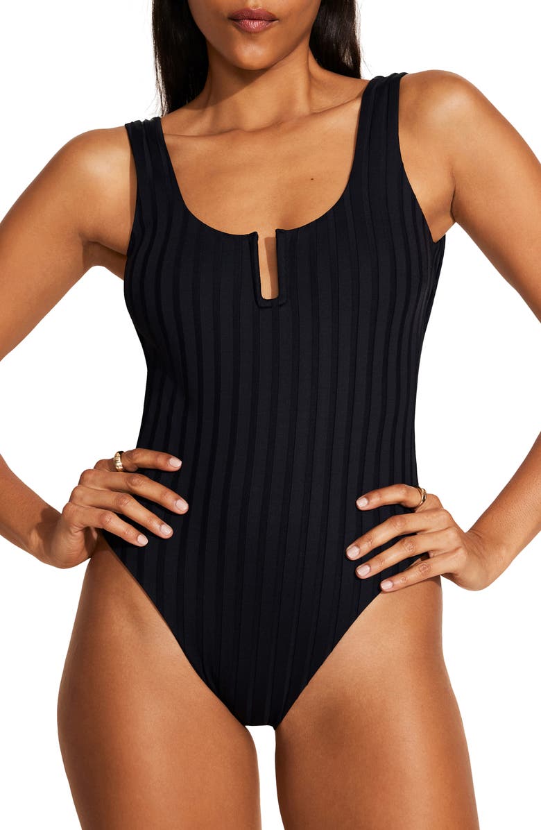Vitamin A<sup>®</sup> Ursula U-Wire Rib One-Piece Swimsuit, Main, color, Black Superib