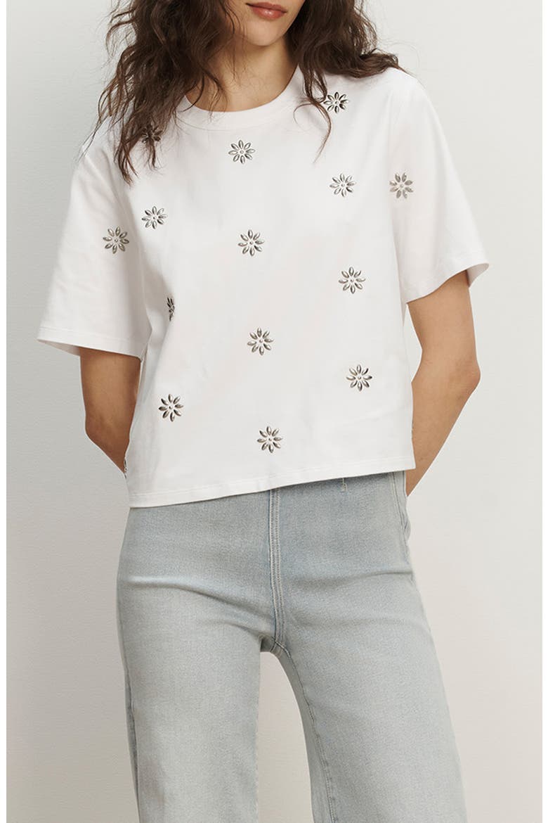 Sebastian Floral Embellished Stretch Cotton T-Shirt, Main, color, WHITE
