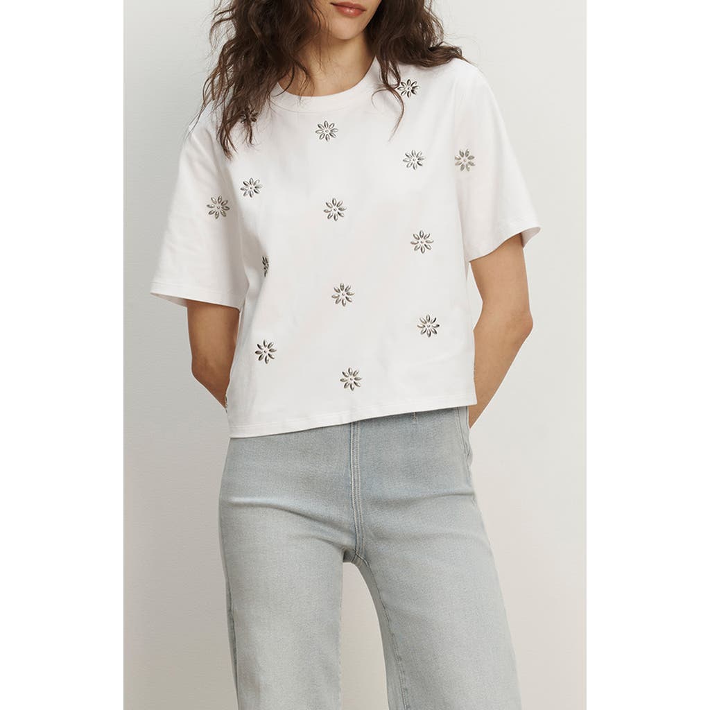 Veronica Beard Sebastian Floral Embellished Stretch Cotton T-Shirt in White at Nordstrom, Size Small