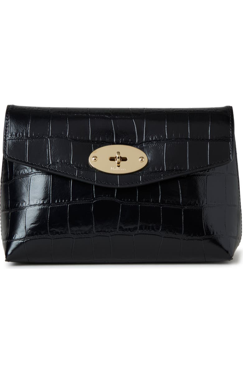 Mulberry Darley Shiny Croc Embossed Leather Cosmetics Pouch, Main, color, Black