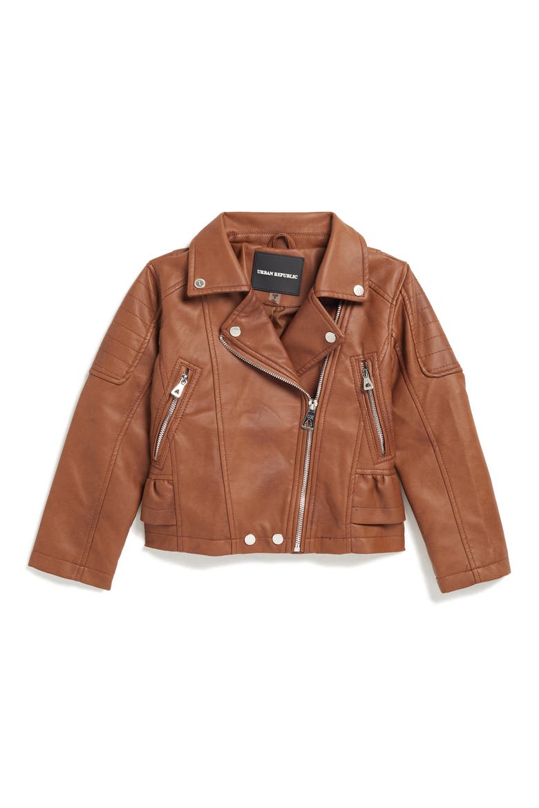 Kids' Faux Leather Ruffle Moto Jacket, Main, color, BROWN